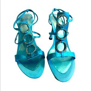 Nine West BOOMTOWN Blue Statin With Rhinestone Rings 4” Heels 8.5M